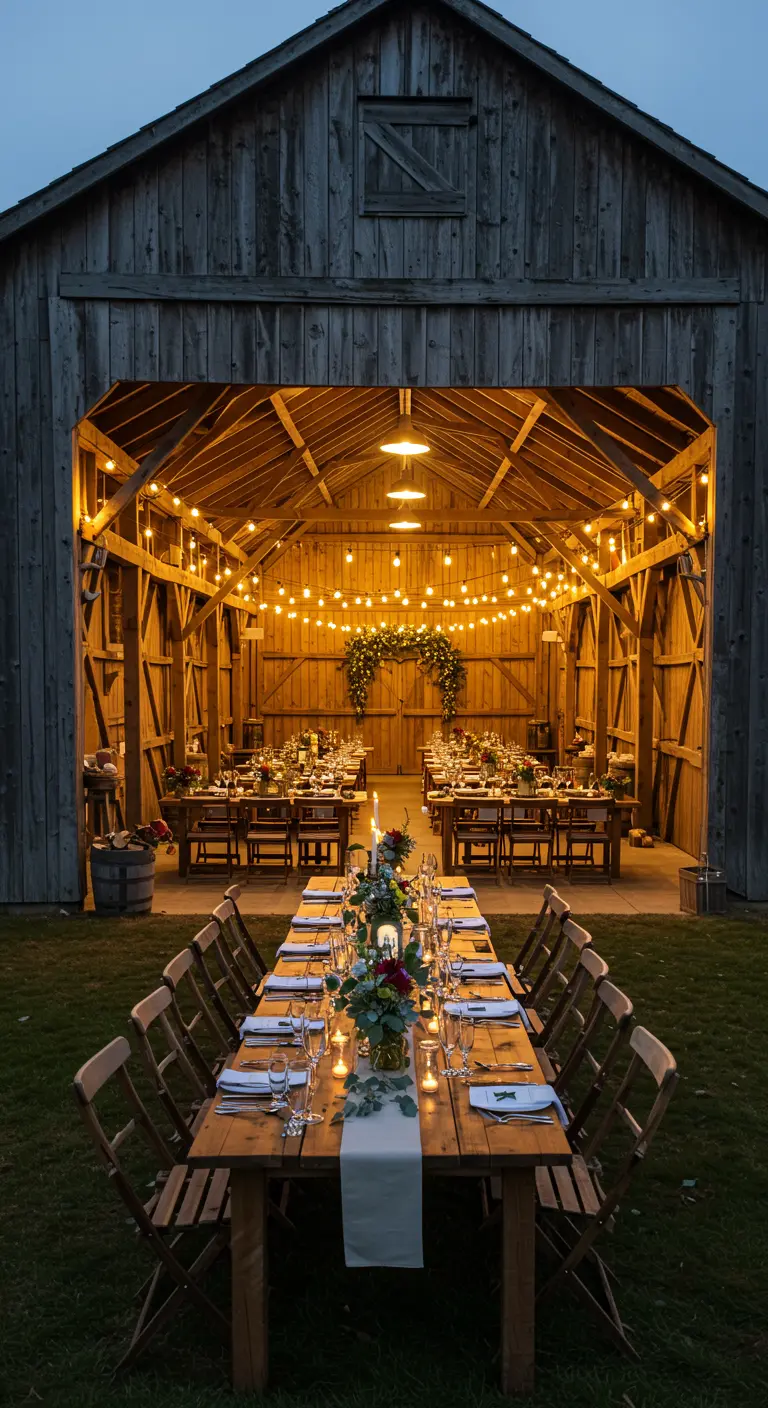 Trouwfeest in een houten schuur met lange tafels, warmgele lichtslingers en bloemdecoraties.
