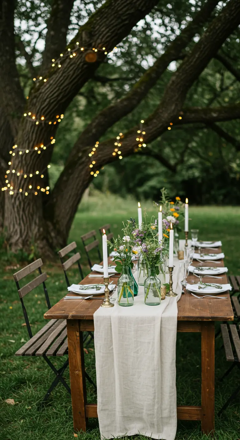 Lange houten tuintafel met linnen loper, flesjes bloemen en lichtjes in boom.