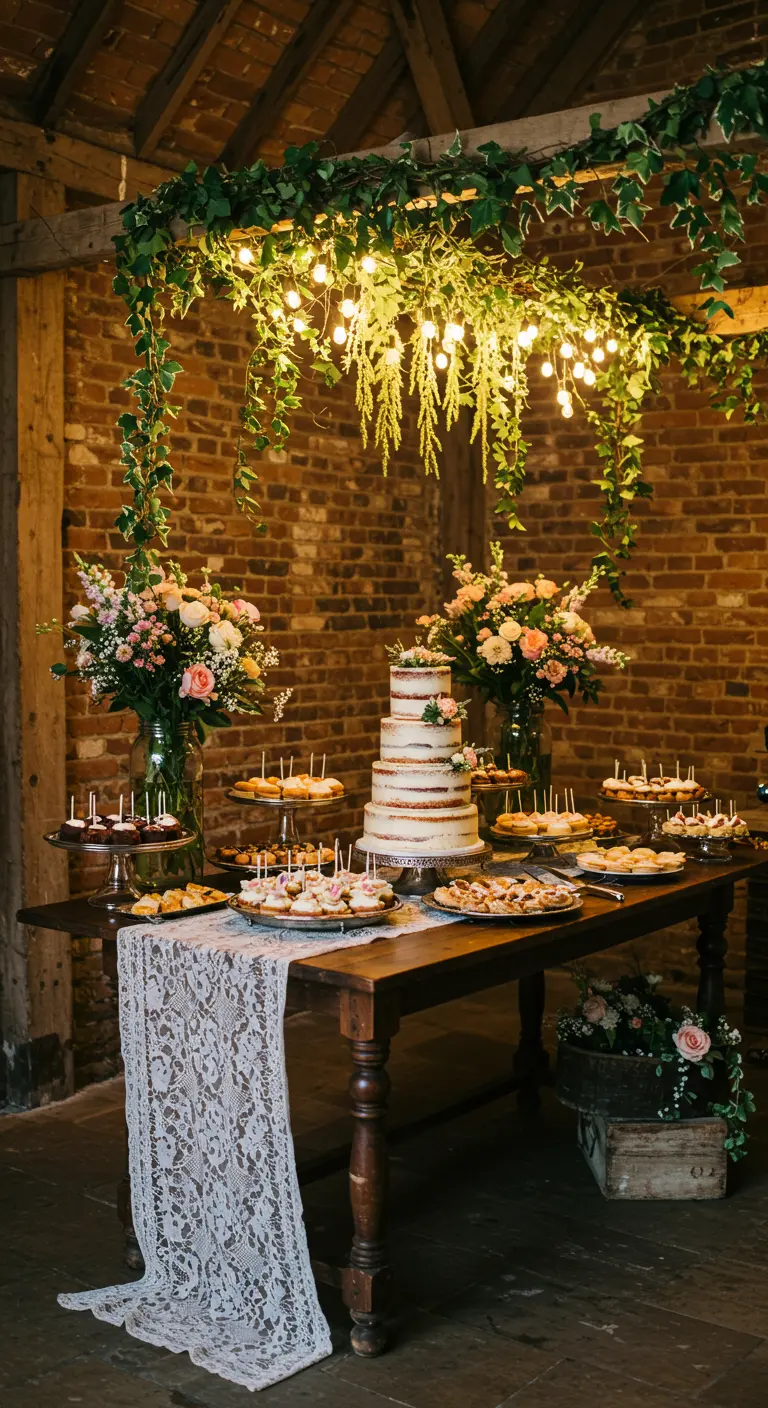 Rustieke taarttafel met naked cake, bloemen, kant en lichtslinger in een schuur.