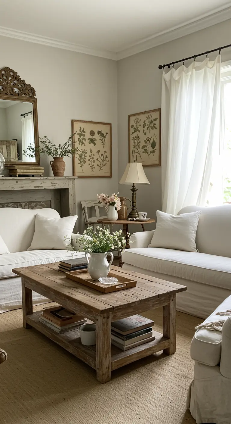 Farmhouse woonkamer met witte banken, oude houten tafel en botanische prenten.
