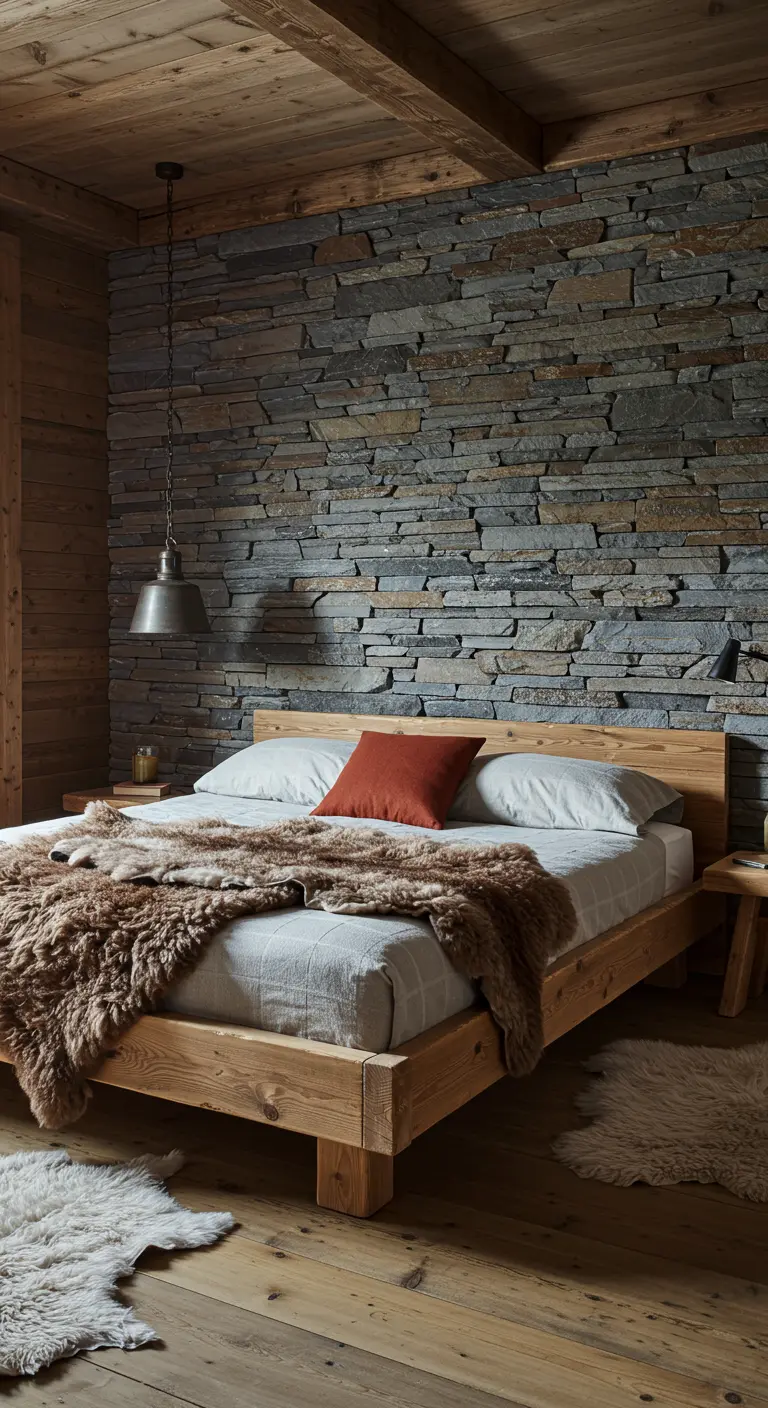 Rustieke slaapkamer met natuurstenen muur, houten bed en faux fur plaid.