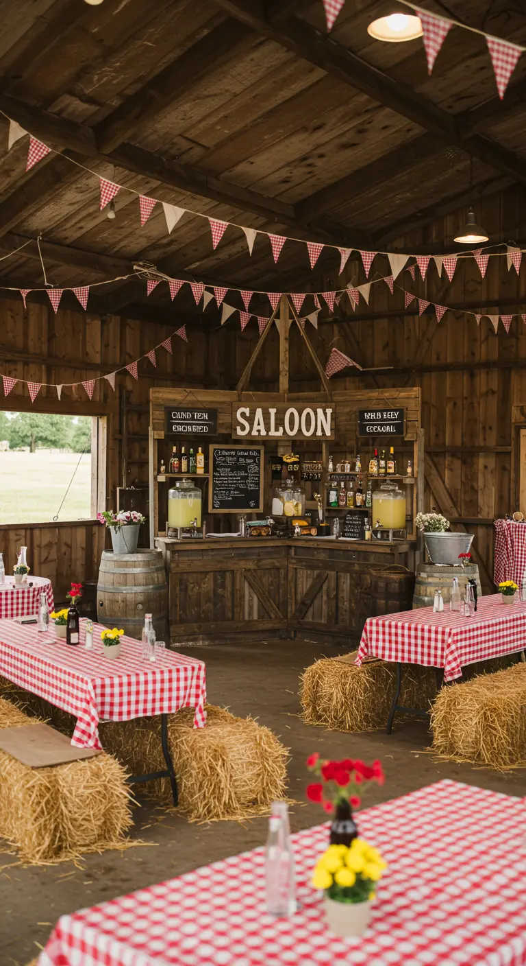 Houten saloonbar in een schuur met hooibalen, geblokte tafelkleden en vlaggenlijnen.
