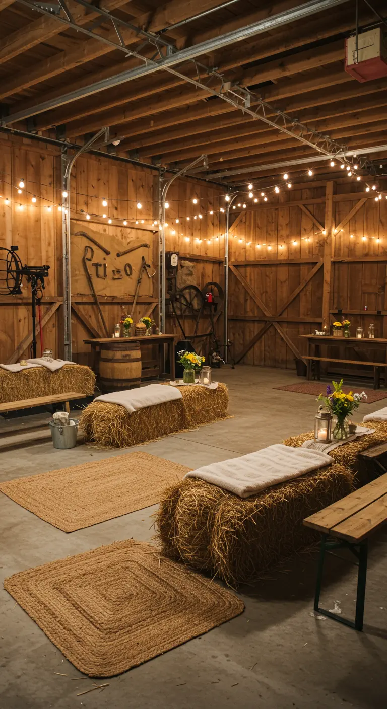 Rustieke garage ingericht met hooibalen, lichtslingers en houten tafels voor feest.