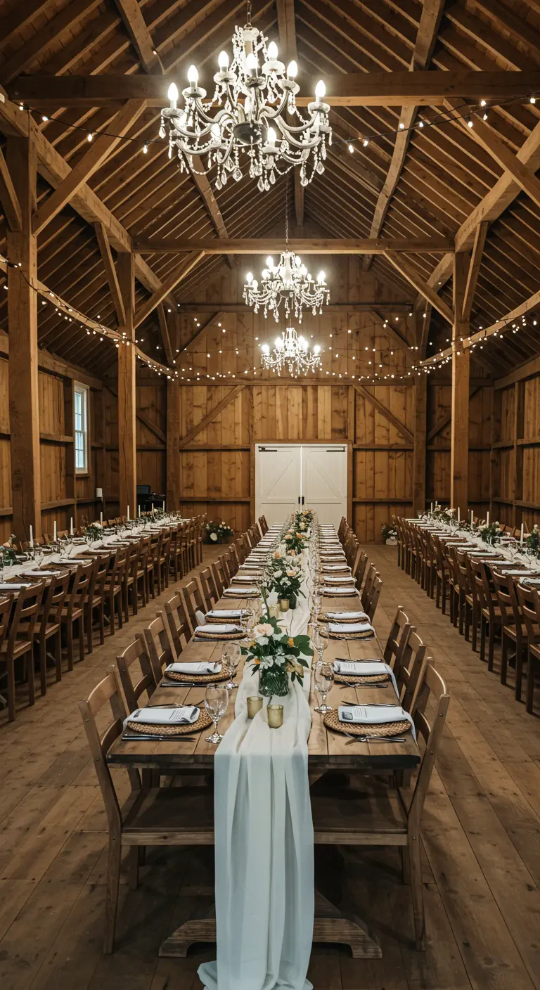 Lange houten tafels in een schuur met kroonluchters, lichtslingers en bloemdecoraties