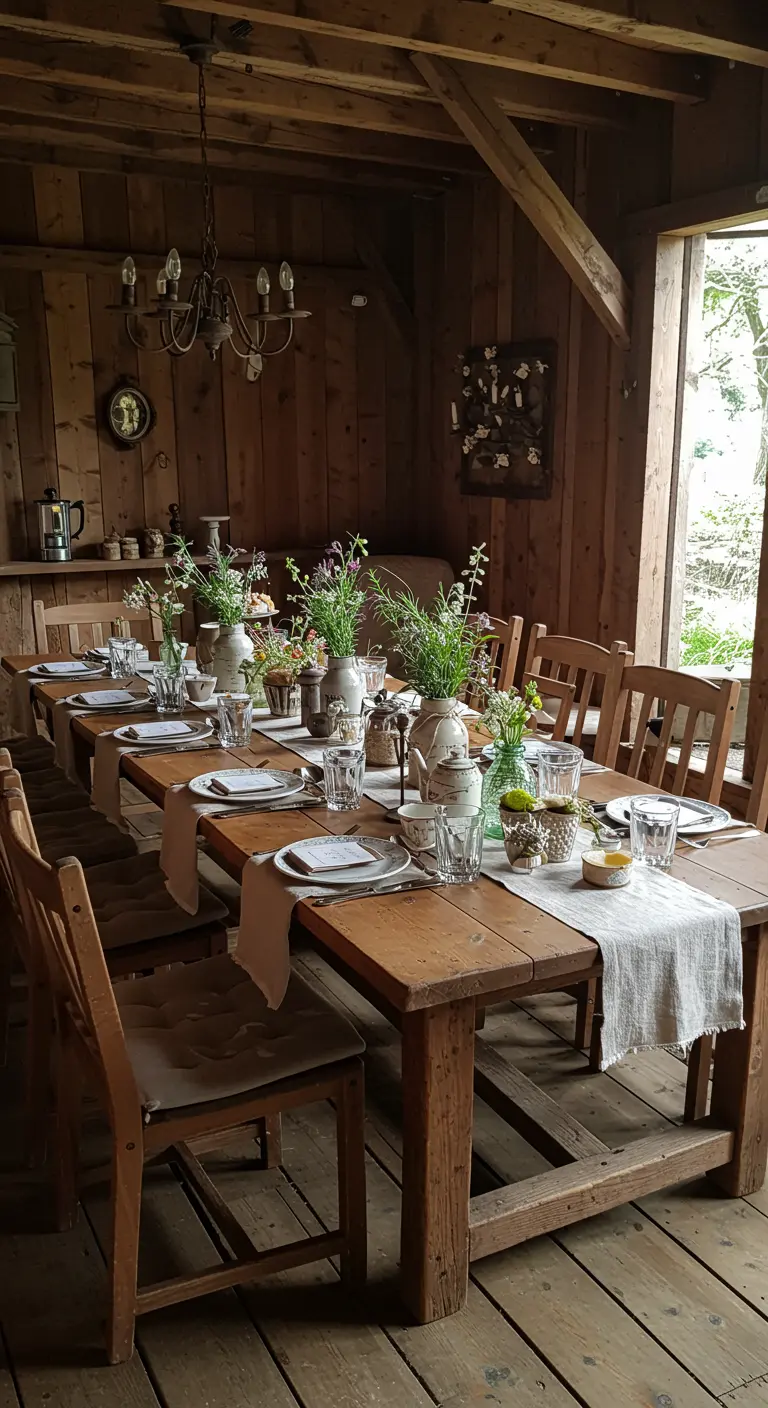 Landelijke high tea in een houten schuur met veldbloemen en linnen tafellopers.