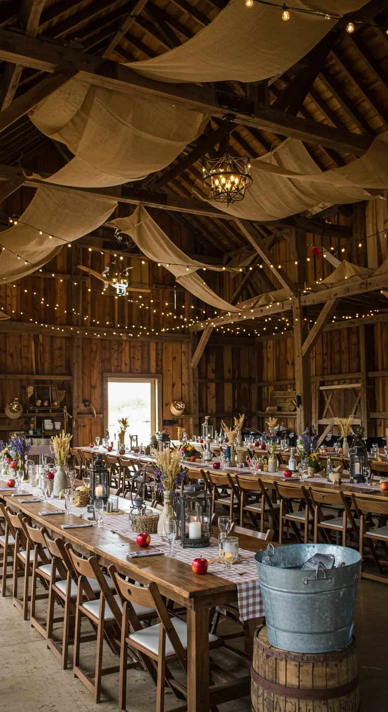 Boerenschuur met gedrapeerde stof, lichtslingers, lange tafels met rustieke decoratie.