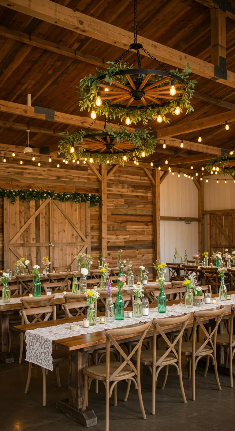 Rustieke schuurbruiloft met lange tafels, veldbloemen en karrenwielkroonluchters.