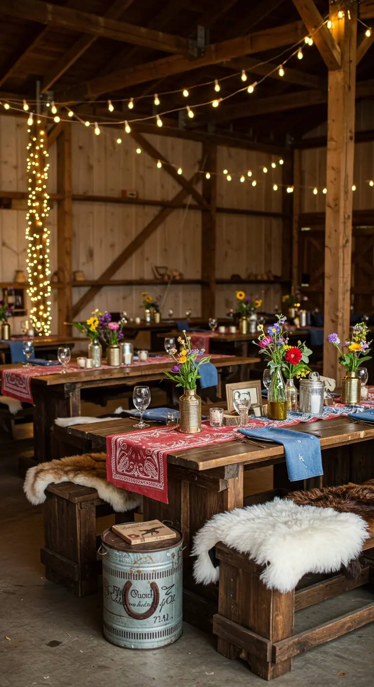 Feest in een rustieke schuur met houten tafels, prikverlichting, veldbloemen en bandanas.