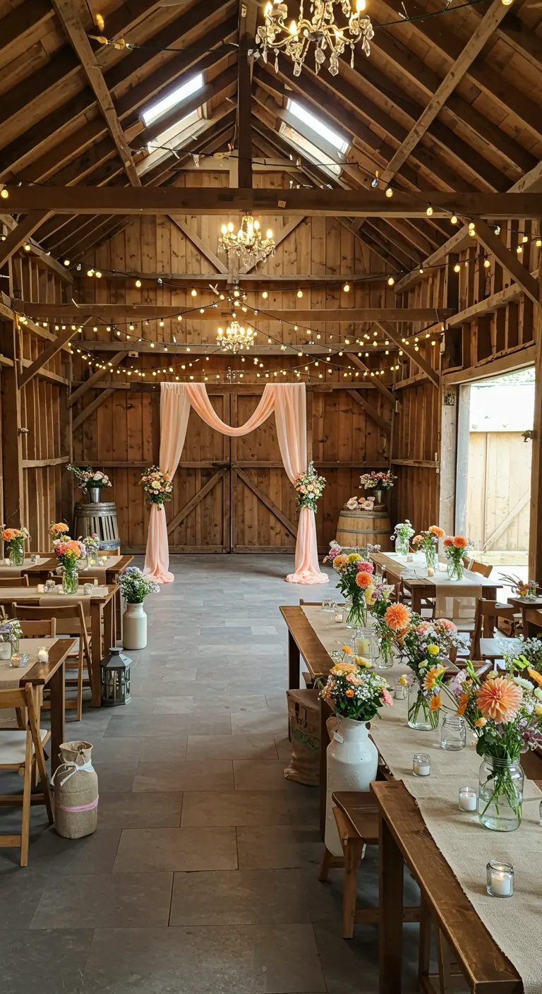 Rustieke schuur met lichtslingers, perzik draperie en tafels met veldbloemen.