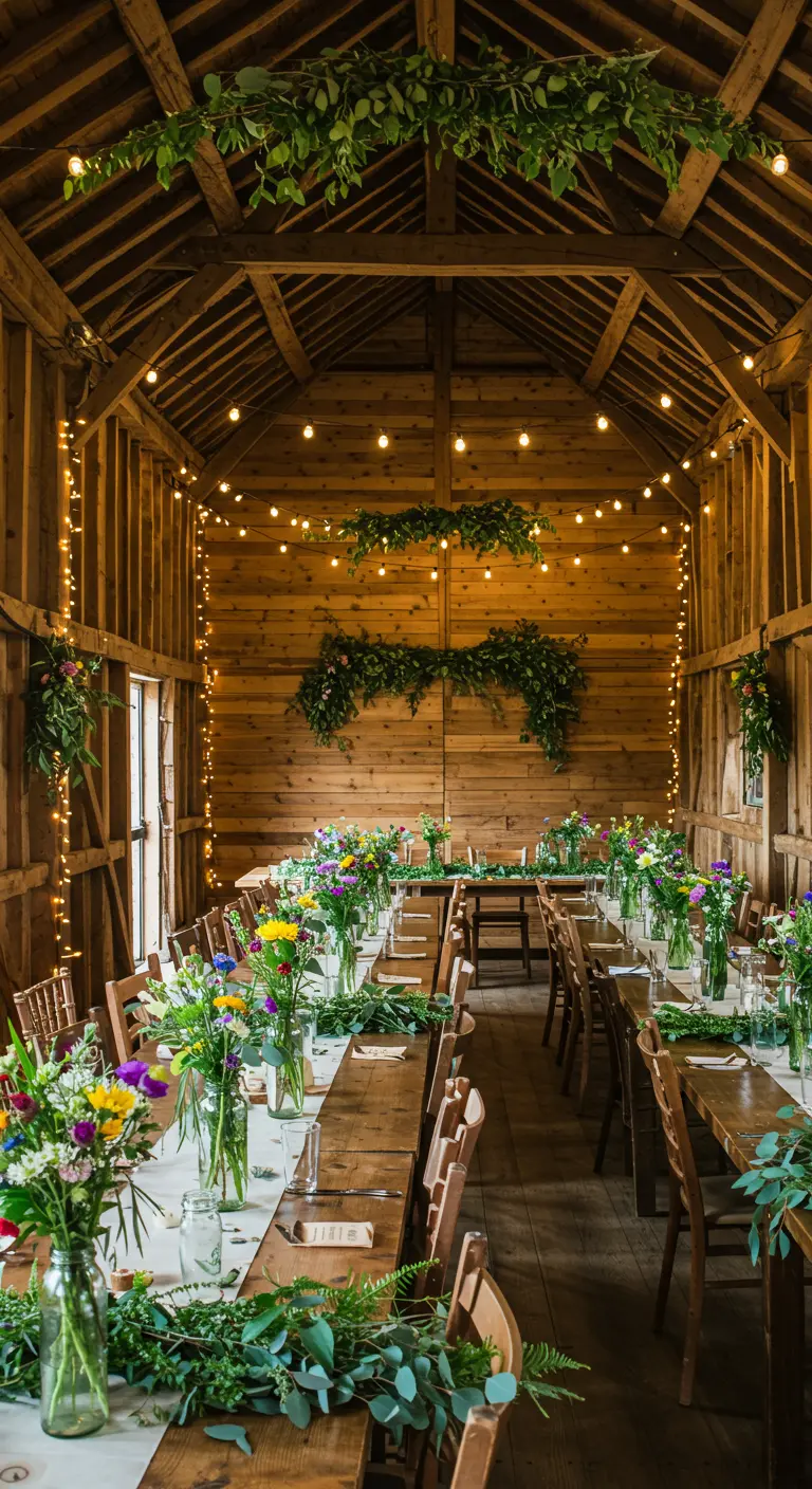 Rustieke schuur met lange houten tafels gedecoreerd met veldbloemen en lichtslingers.