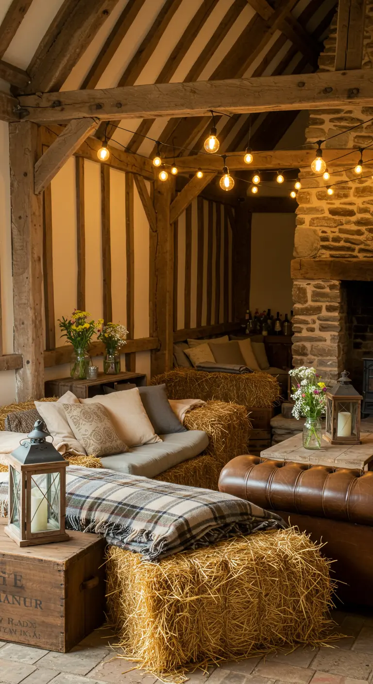 Hooibaal lounge in een rustieke schuur met lichtslingers, kussens en vintage decoratie.