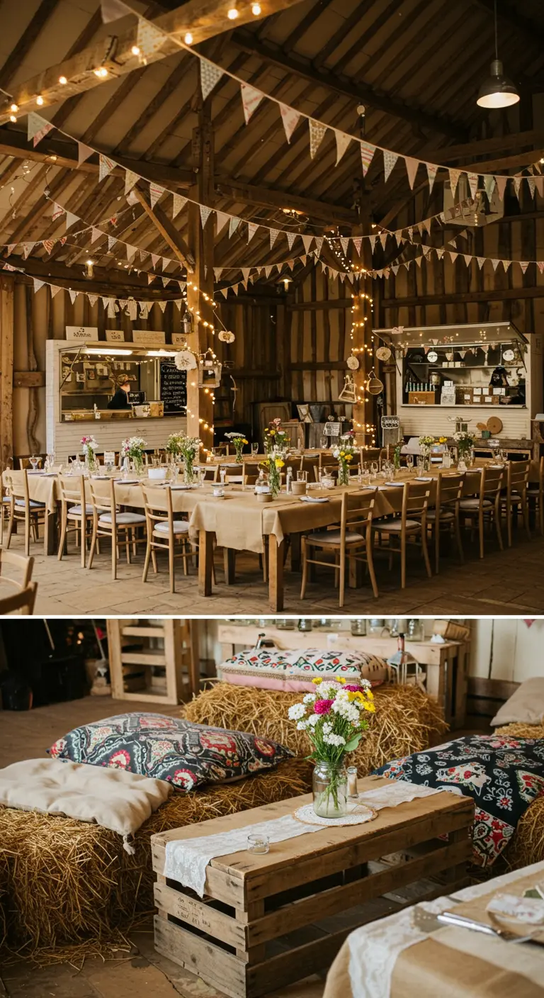 Rustieke schuurreceptie met lange tafels, vlaggenlijnen en een loungehoek met hooibalen.