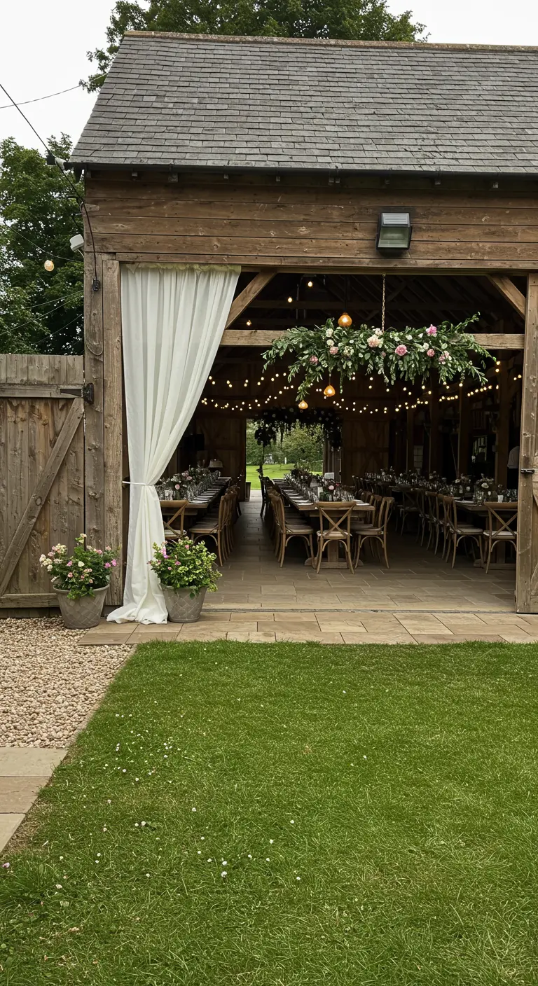 Open schuur ingericht voor diner met lange tafels, lichtslingers en bloemdecoratie.
