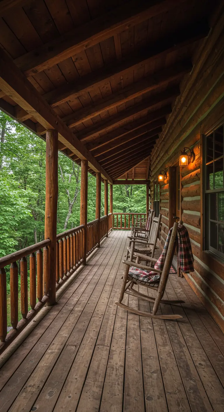 Houten veranda van een blokhut met schommelstoelen, uitkijkend op een bosrijke omgeving.