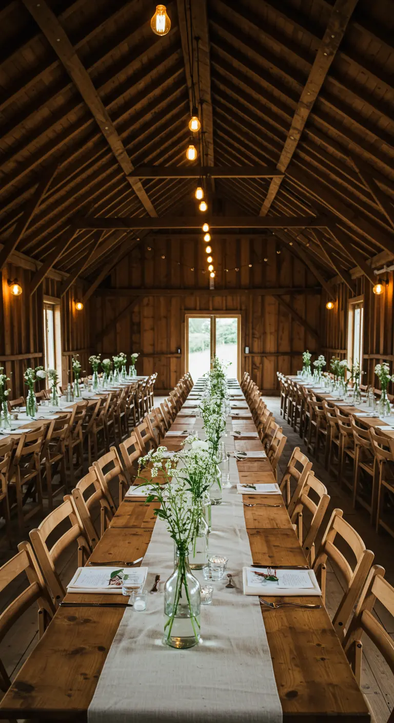 Lange houten tafels in schuur met simpele witte bloemen in glazen flesjes.