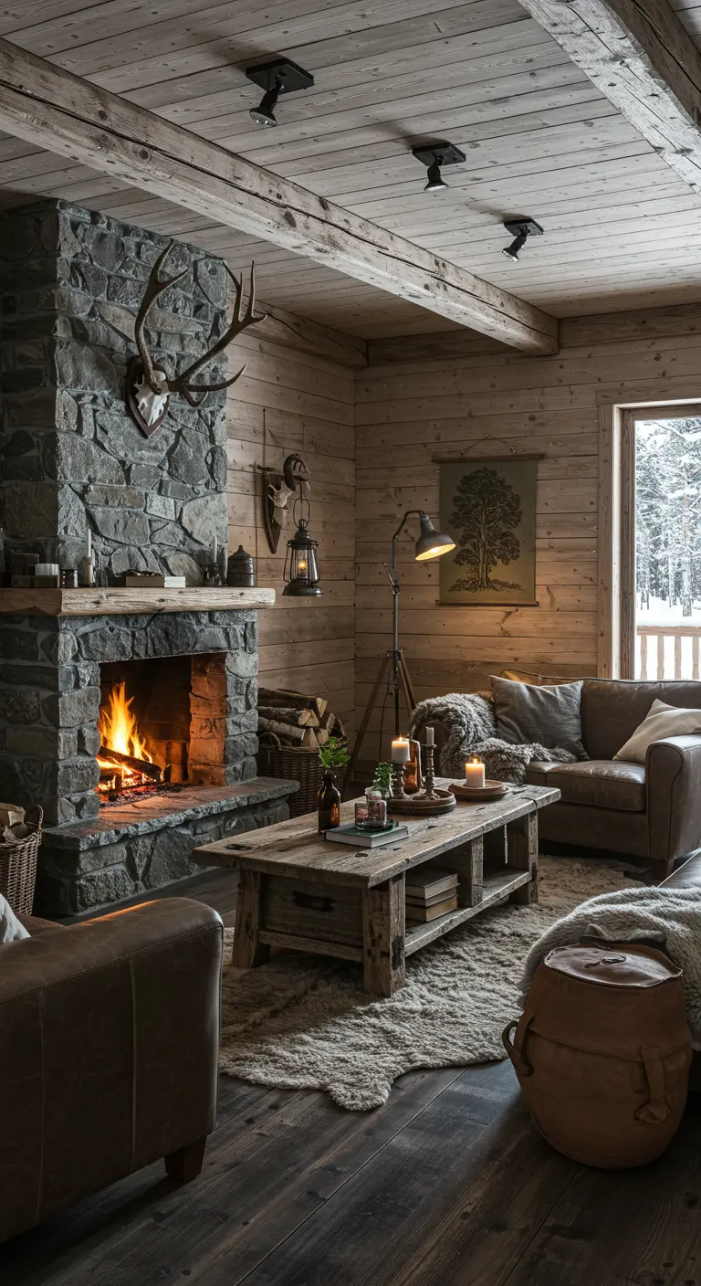 Rustieke Scandinavische woonkamer met houten wanden, stenen haard en leren banken.