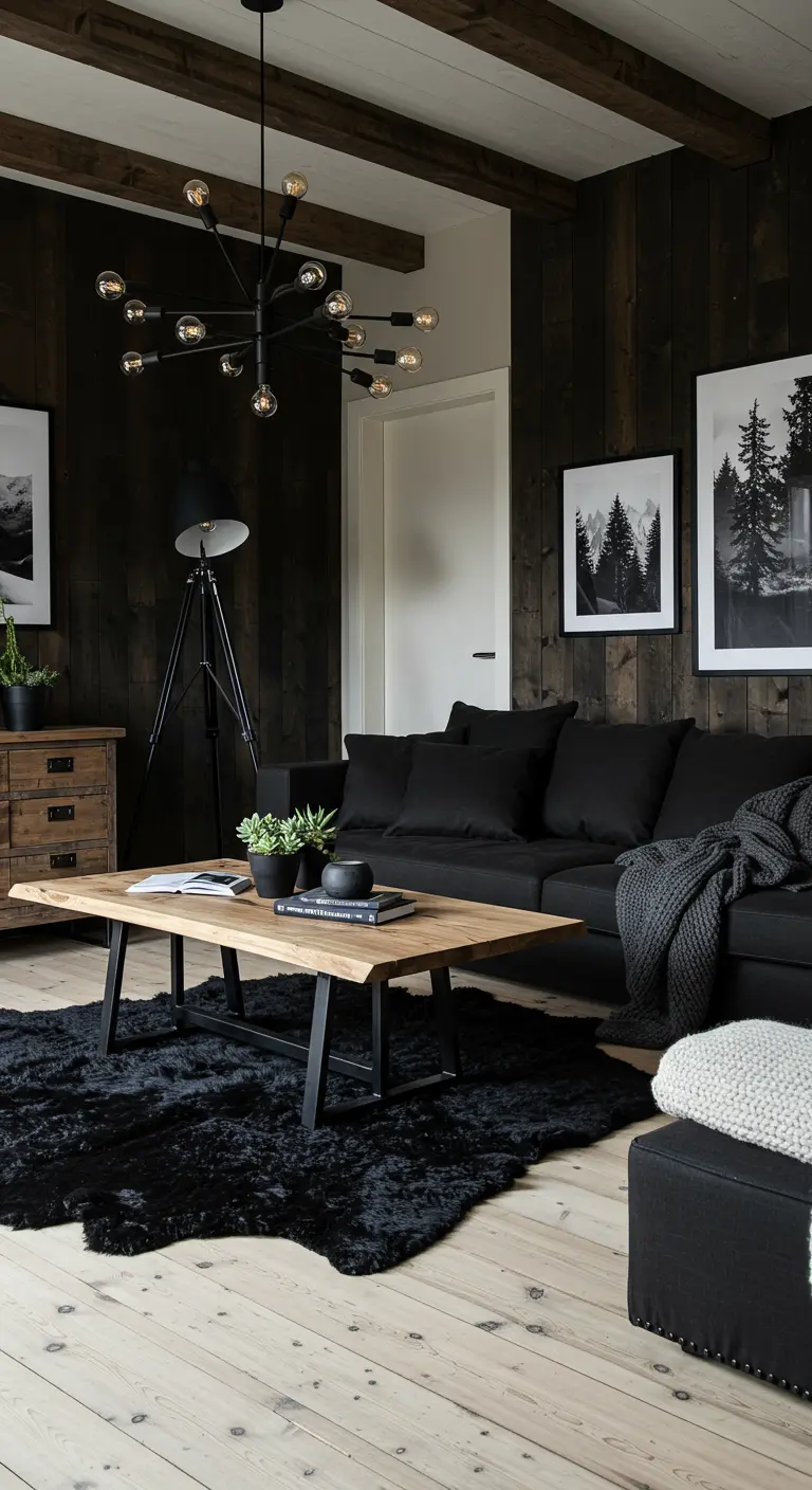 Rustieke woonkamer met zwarte houten wanden, zwarte bank, houten salontafel en pluizig kleed.