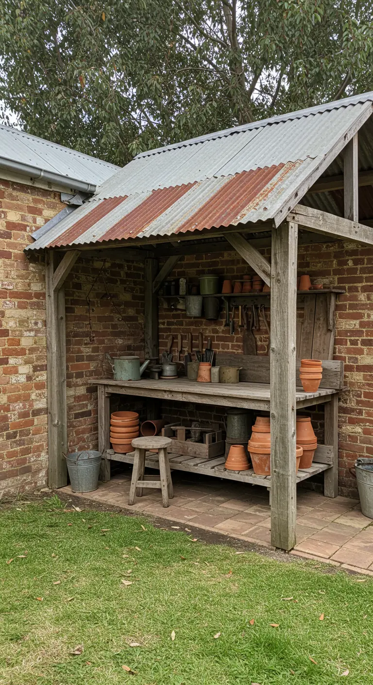Rustiek houten afdak met golfplaten dak tegen bakstenen muur, ingericht als potting shed.
