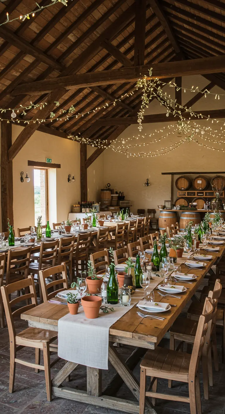 Rustieke wijnschuur met houten tafels, fairy lights en kleine plantjes.