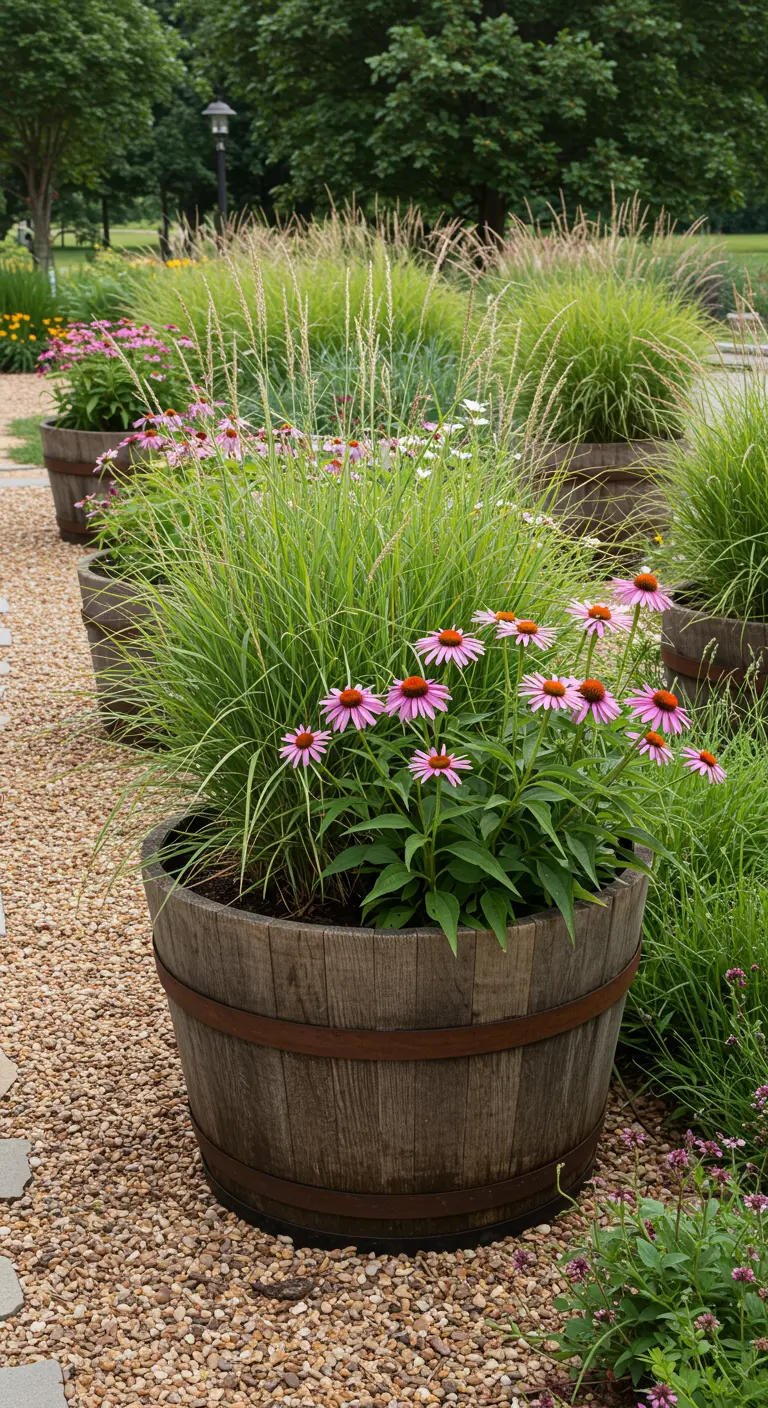 Hoge siergrassen en roze Echinacea (zonnehoed) in een groot houten wijnvat op een grindpad.