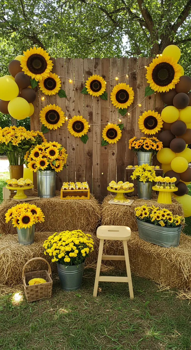 Landelijke verjaardagssetting met hooibalen, zonnebloemen, houten achtergrond en ballonnen.