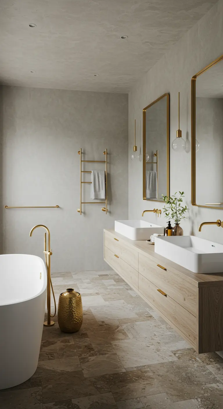 Lichte badkamer met grijze muren, houten wastafelmeubel en gouden badkraan, handdoekrek.
