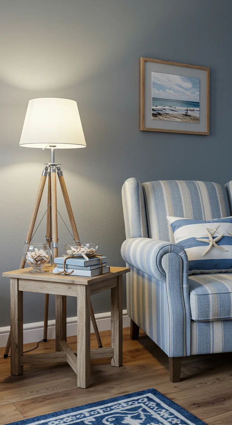Rustige leeshoek met gestreepte fauteuil, driepootlamp en schelpen in glazen kom.