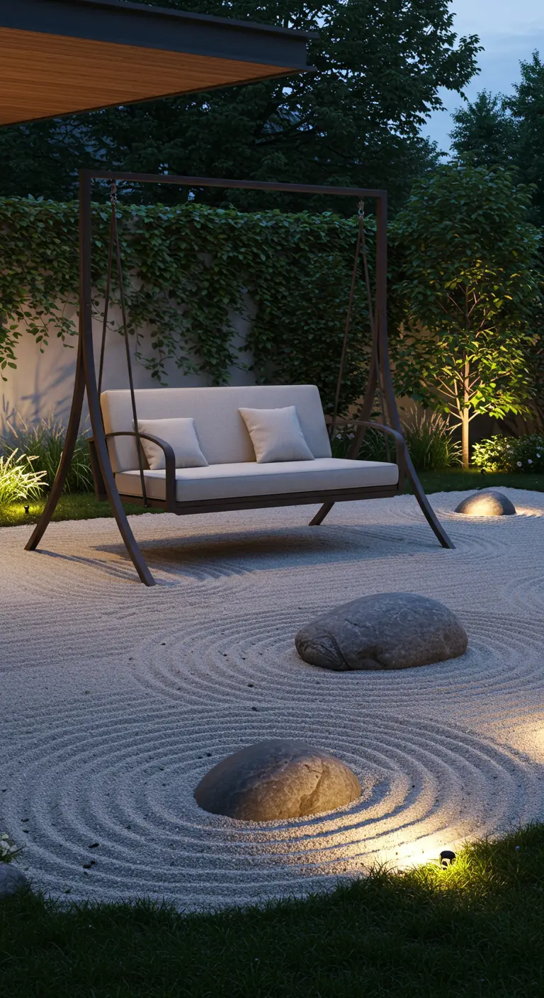 Donker metalen schommelbank met lichte kussens in een zen-tuin met geharkt zand en stenen.