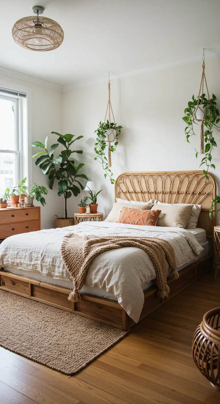 Slaapkamer met rotan bed, jute kleed, hangplanten en houten meubels.