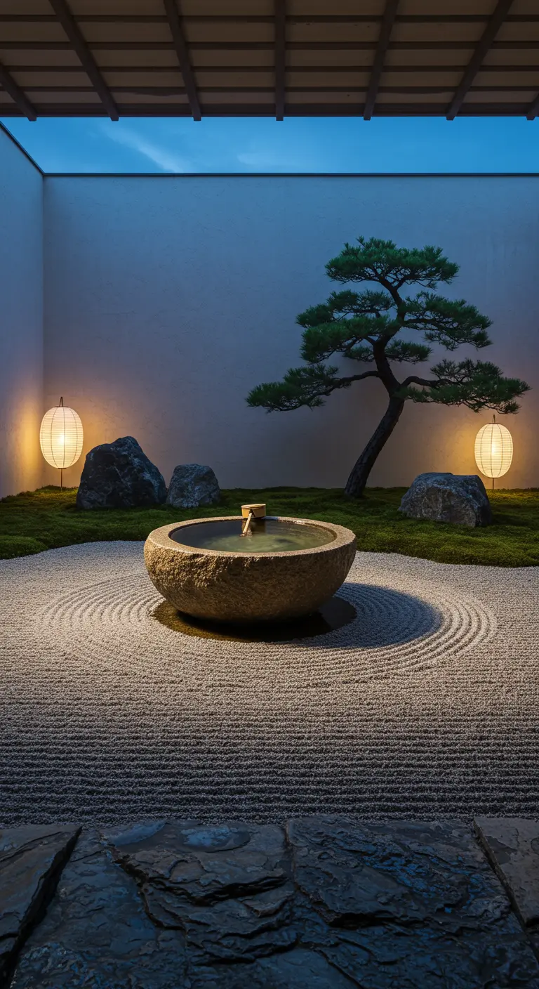 Japanse zen-tuin met stenen waterbekken, geharkt grind en bonsaiboom.