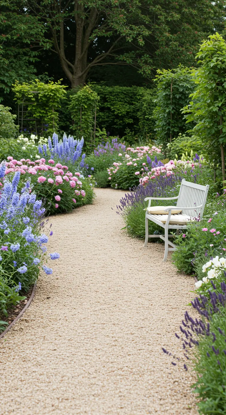 Grindpad in tuin met witte houten bank, omringd door pastelkleurige bloemen.