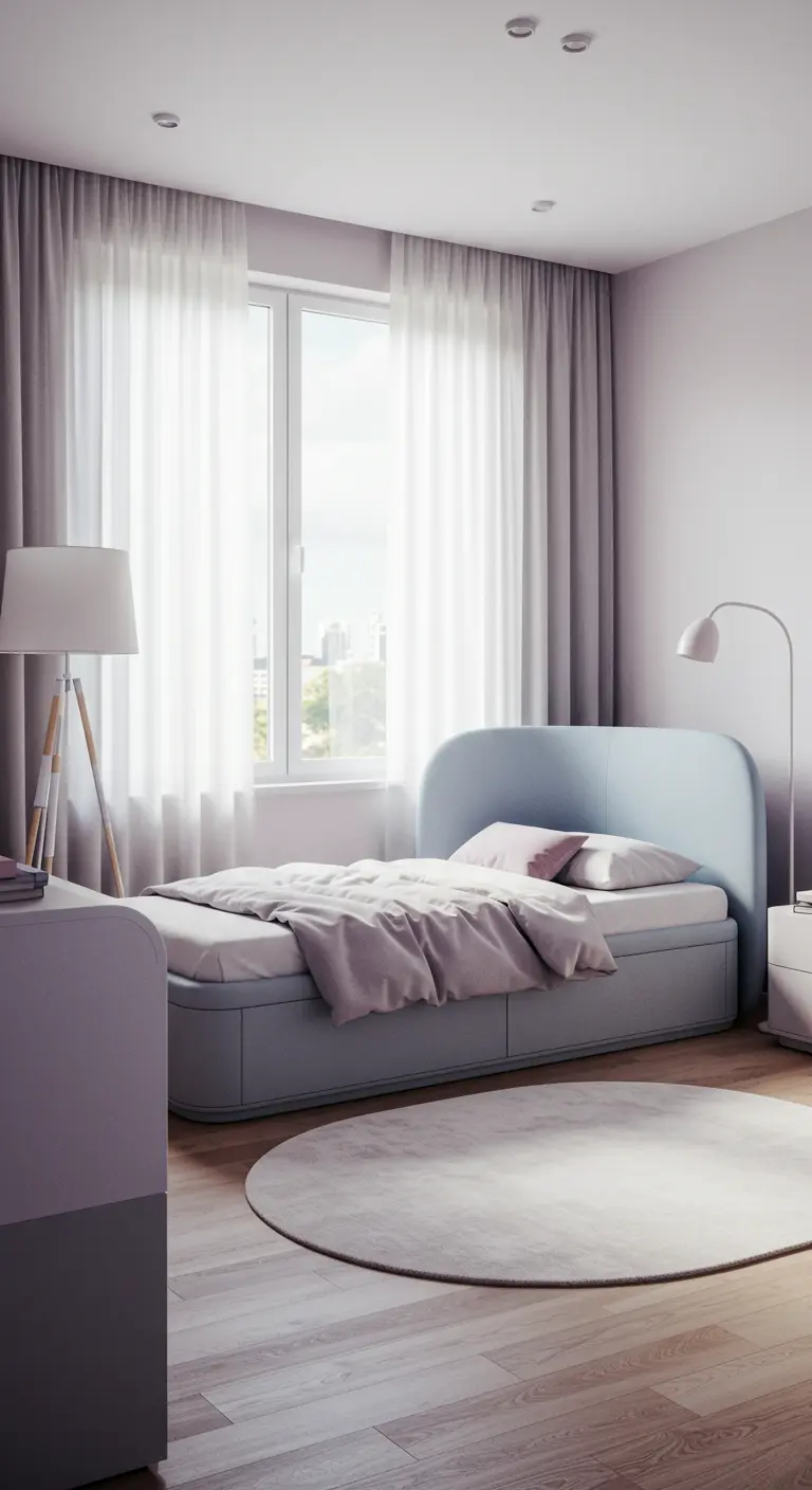 Lichte slaapkamer met pastelblauw bed, rond tapijt, staande lamp en grote ramen met transparante gordijnen.