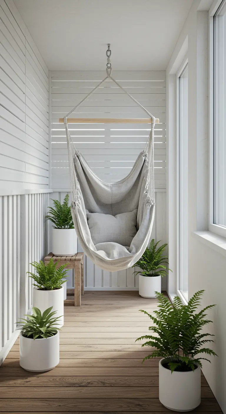 Wit balkon met grijze linnen hangmatstoel en groene varens in witte potten.