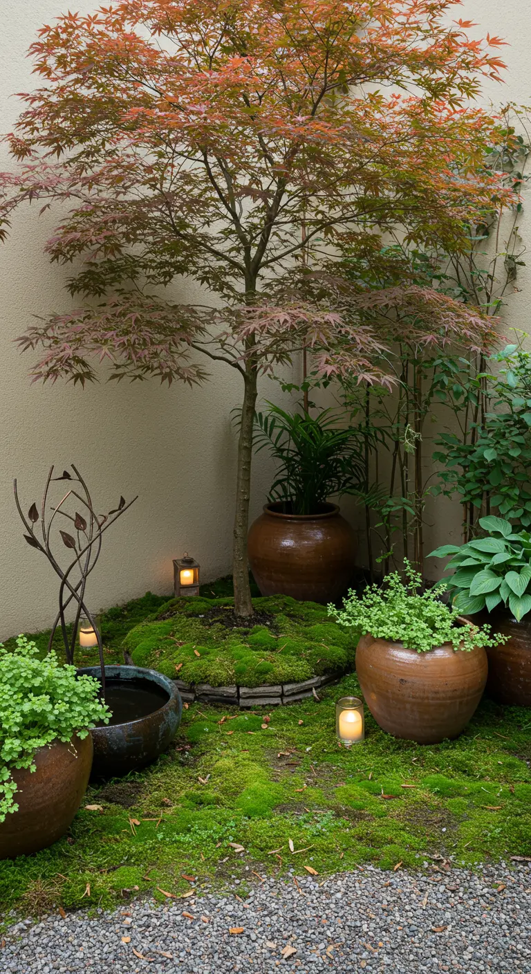 Vreedzame tuinhoek met Japanse esdoorn, mos, terracotta potten en kleine lantaarns.