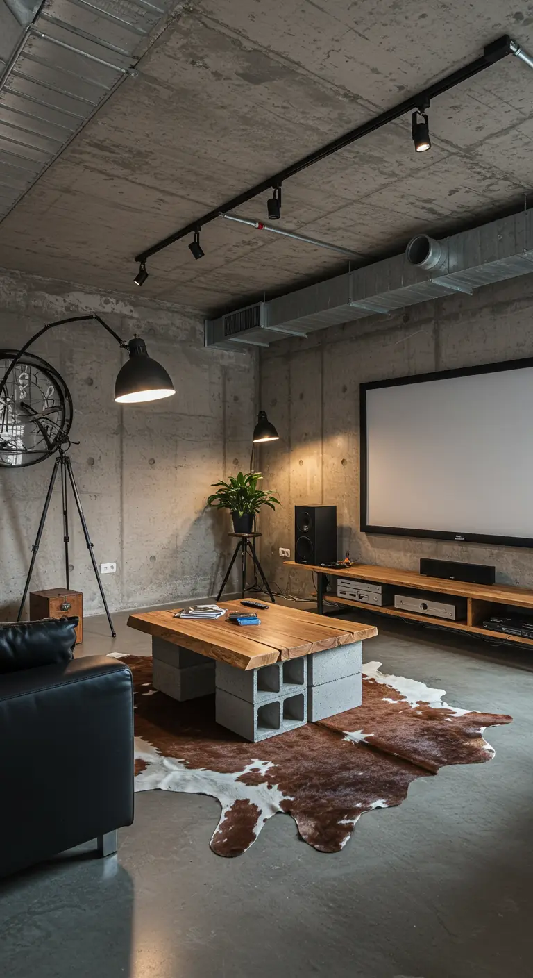 Industriële woonkamer met betonnen muren, een koeienhuid en een DIY-salontafel van betonblokken.