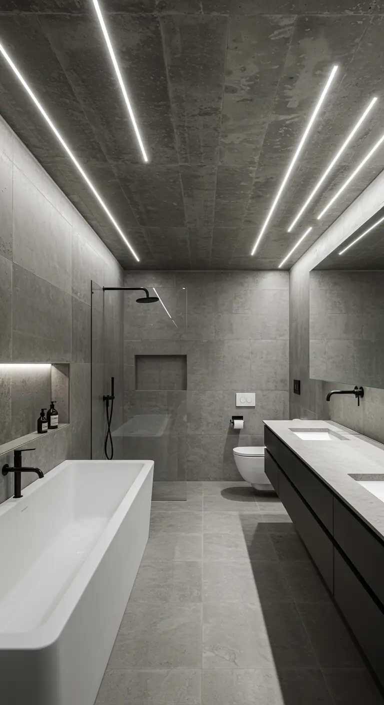 Badkamer met ruw betonnen plafond en strakke, ingefreesde lichtlijnen.