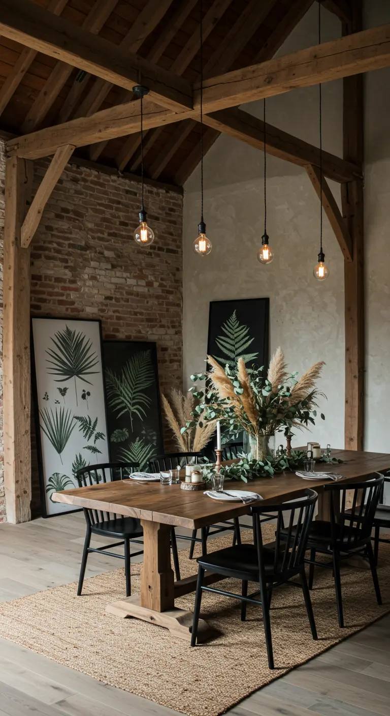 Industriële eetkamer met bakstenen muur, houten tafel en bank, zwarte stoelen, botanische kunst en pampasgras decoratie.