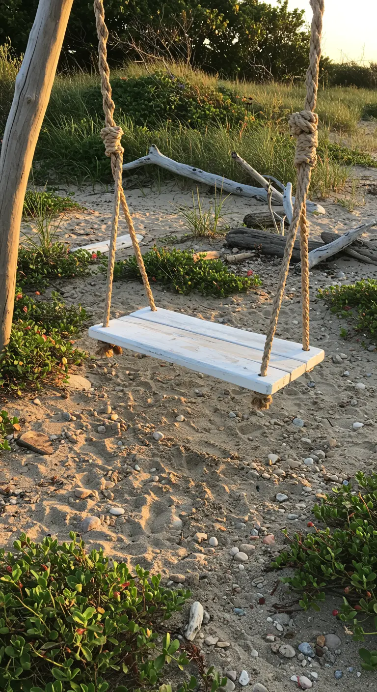 Witte schommelplank op een zandstrand met kiezels en drijfhout, omgeven door lage planten.