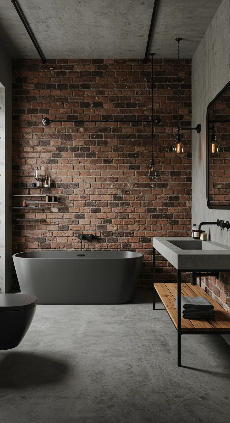 Badkamer met bakstenen muur, betonnen vloer, zwart bad en wastafel.