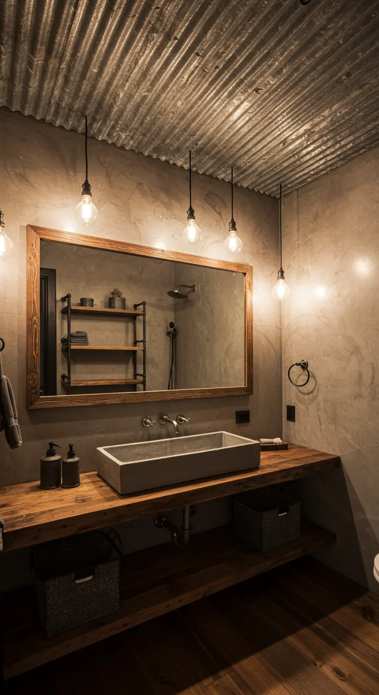 Badkamer met gegolfd metalen plafond en industriële hanglampen.