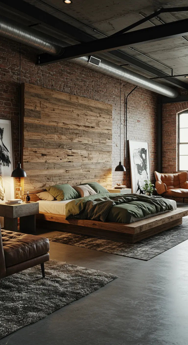 Slaapkamer met hoofdbord van gerecycled hout, groen beddengoed, industriële hanglampen.
