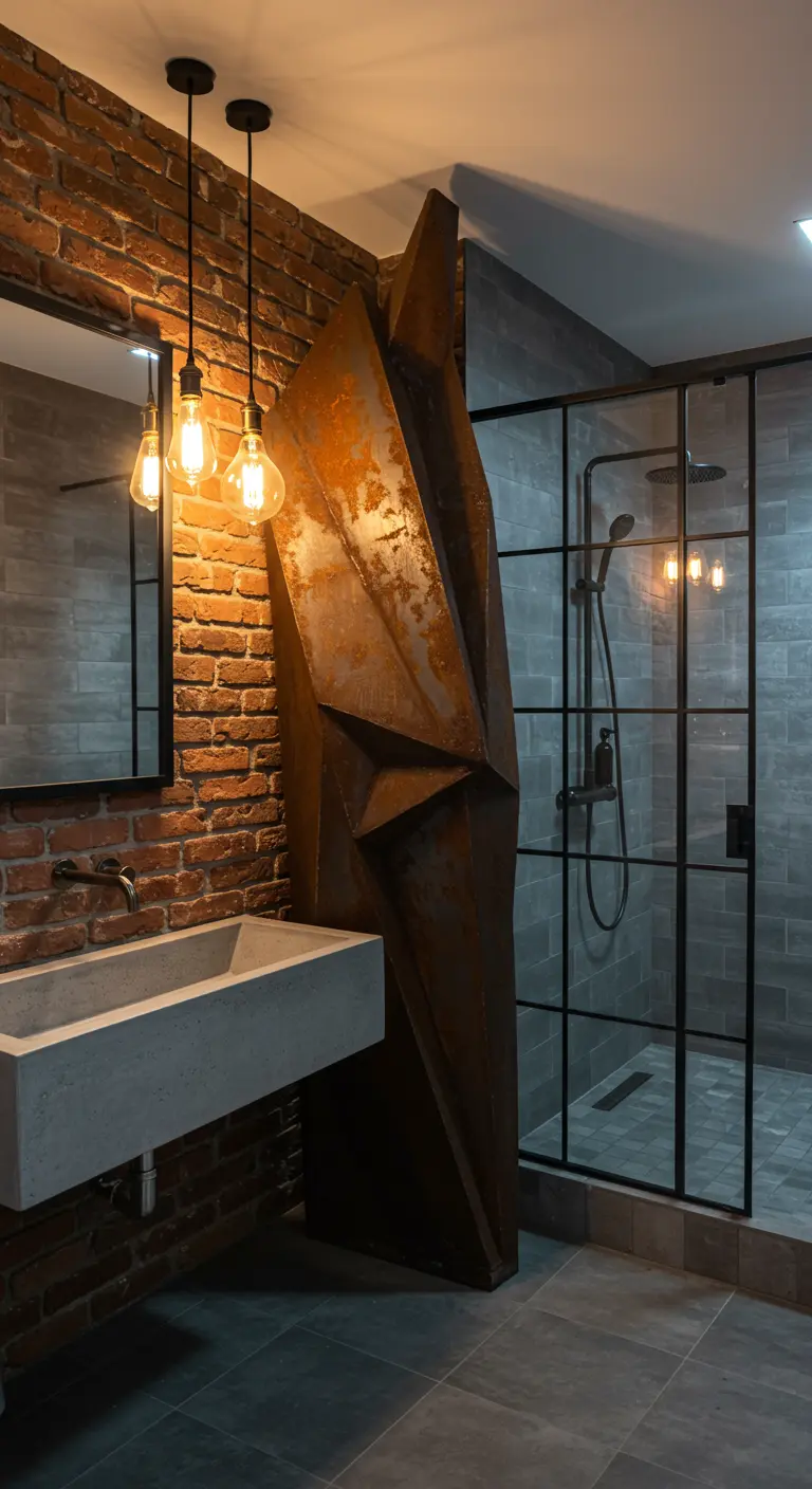Industriële badkamer met bakstenen muur en een groot roestig metalen abstract beeld naast de douche.