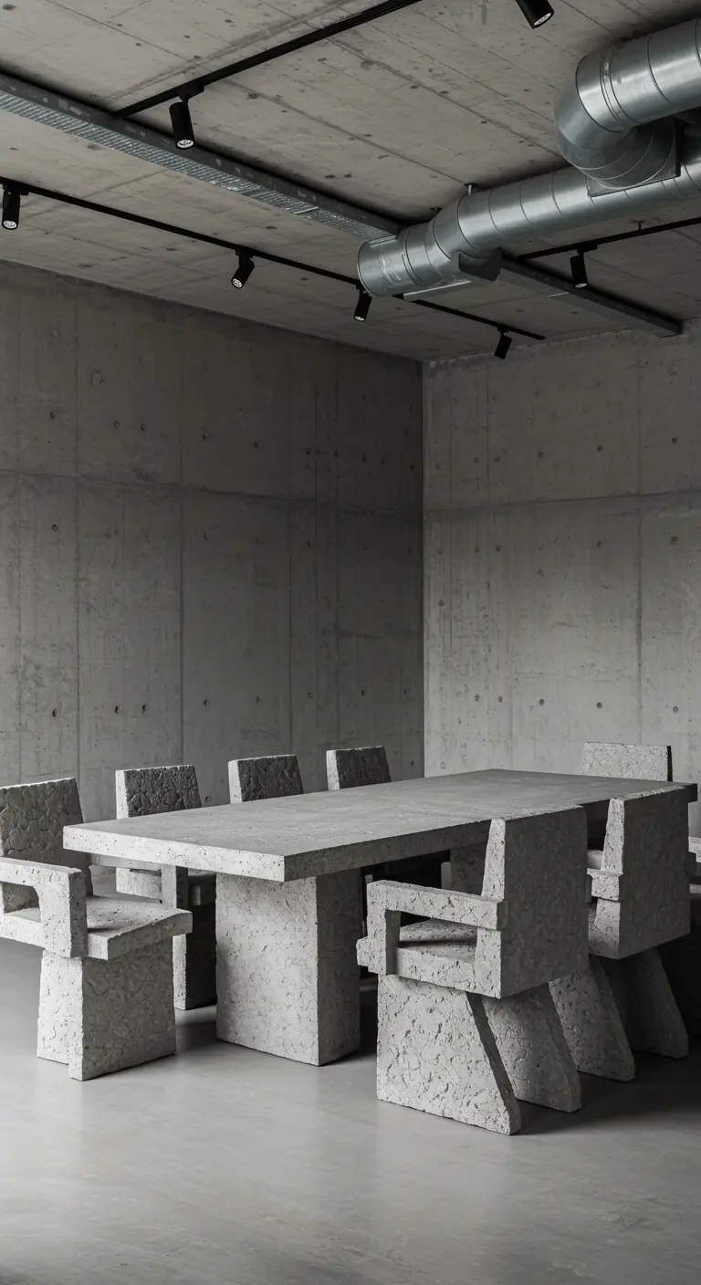 Eetkamer met grove betonnen stoelen en tafel in een volledig betonnen ruimte.