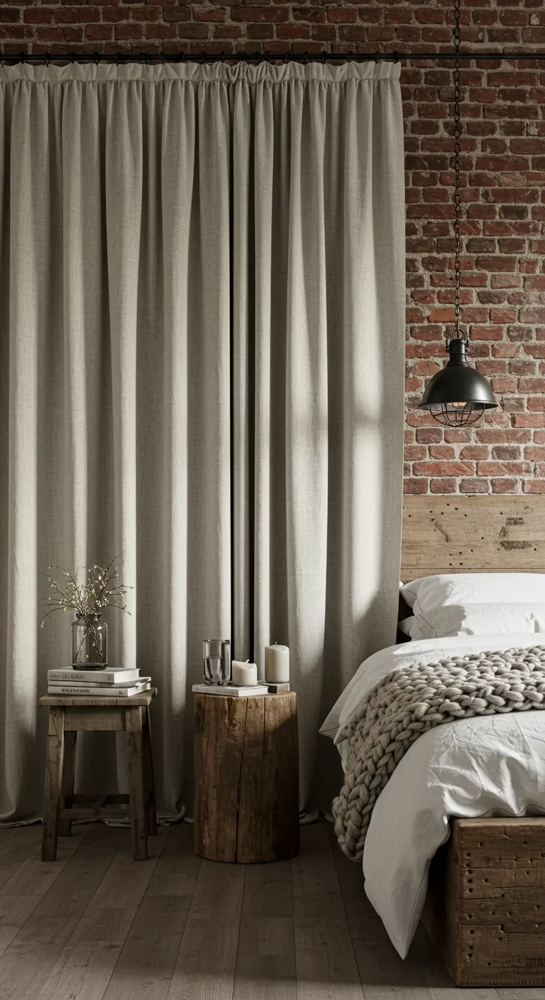 Industriële slaapkamer met linnen gordijnen en bakstenen muur.