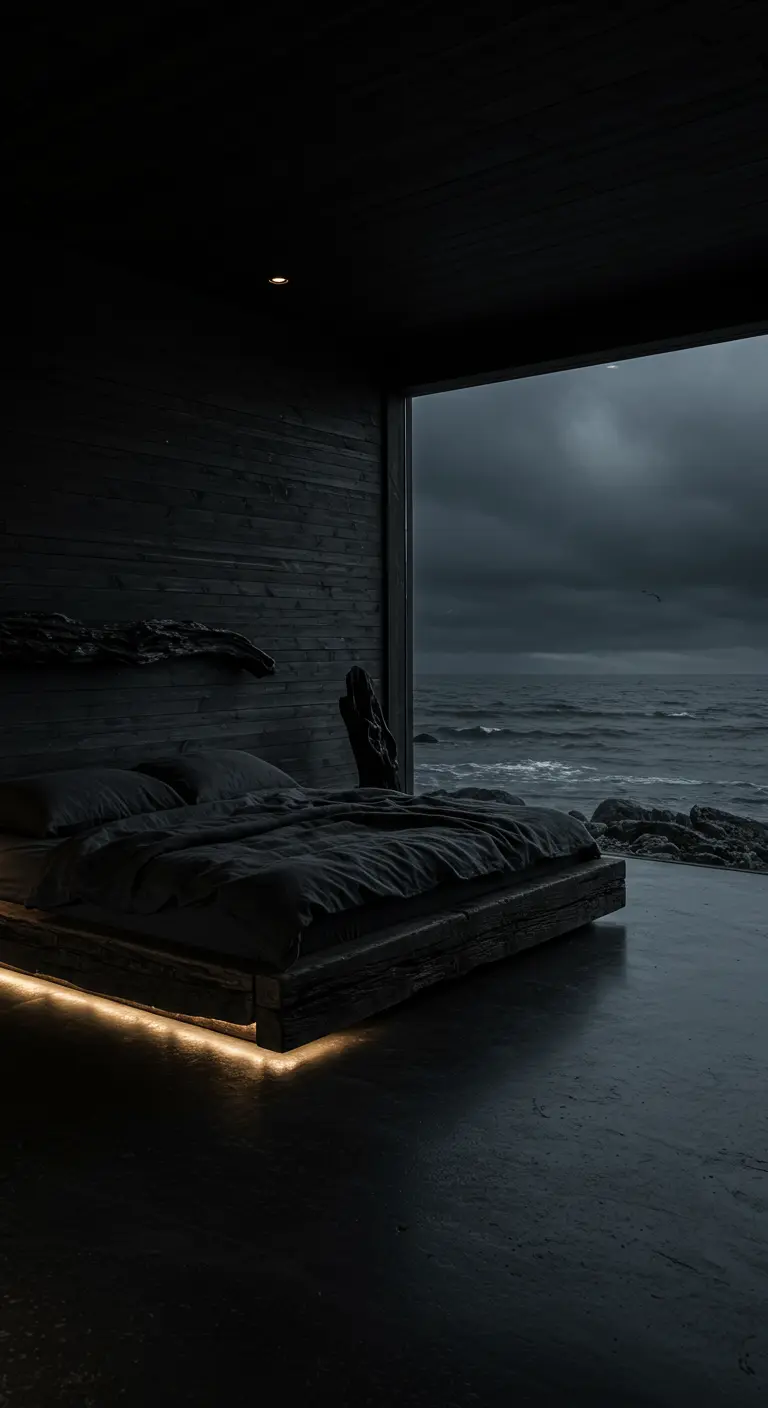 Zwarte slaapkamer met houten bedframe en een panoramisch uitzicht op een ruwe zee.