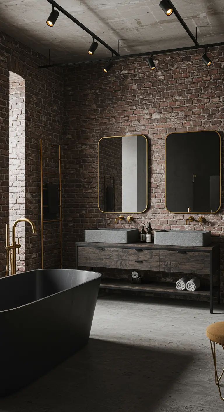 Badkamer met bakstenen muur, betonnen vloer, houten wastafelmeubel en gouden accenten.