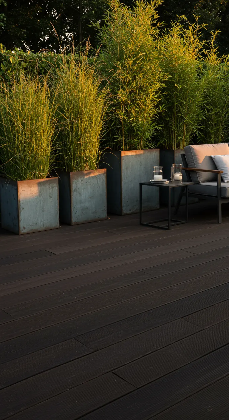 Terras met donkere houten planken en verweerde zinken plantenbakken met bamboe en siergrassen.