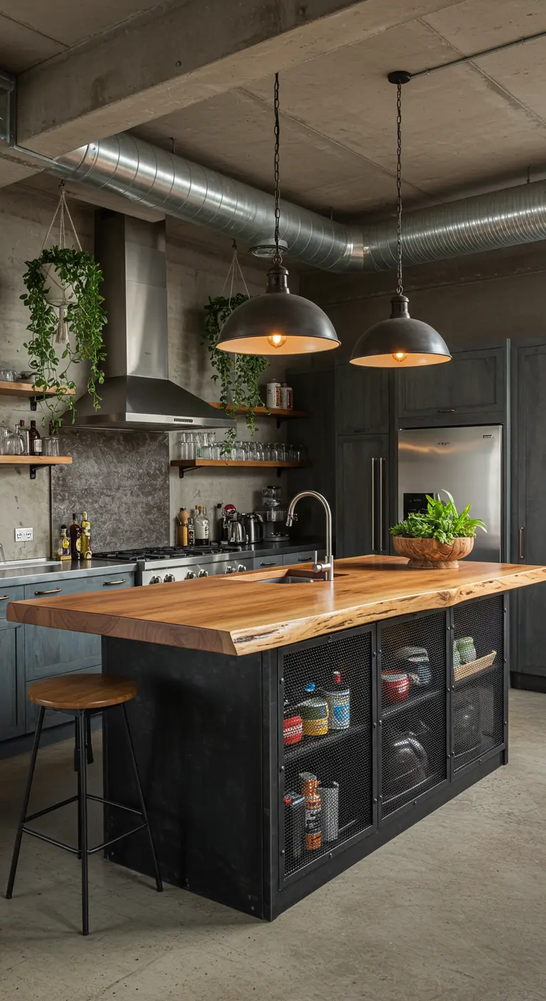Industriële keuken met donker metalen kookeiland, houten live edge blad en open roosterdeuren.