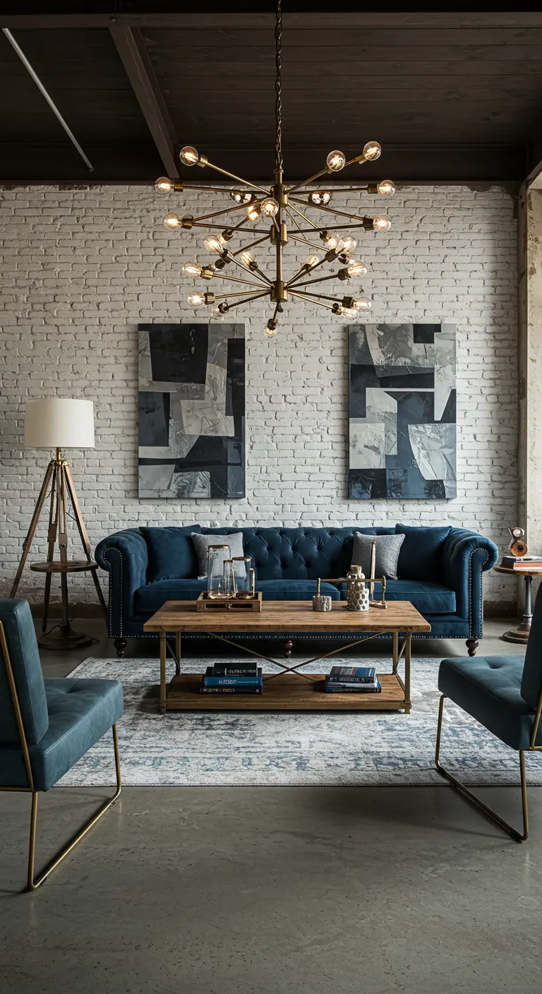 Industriële woonkamer met Art Deco accenten, bakstenen muur, blauwe bank en messing kroonluchter.