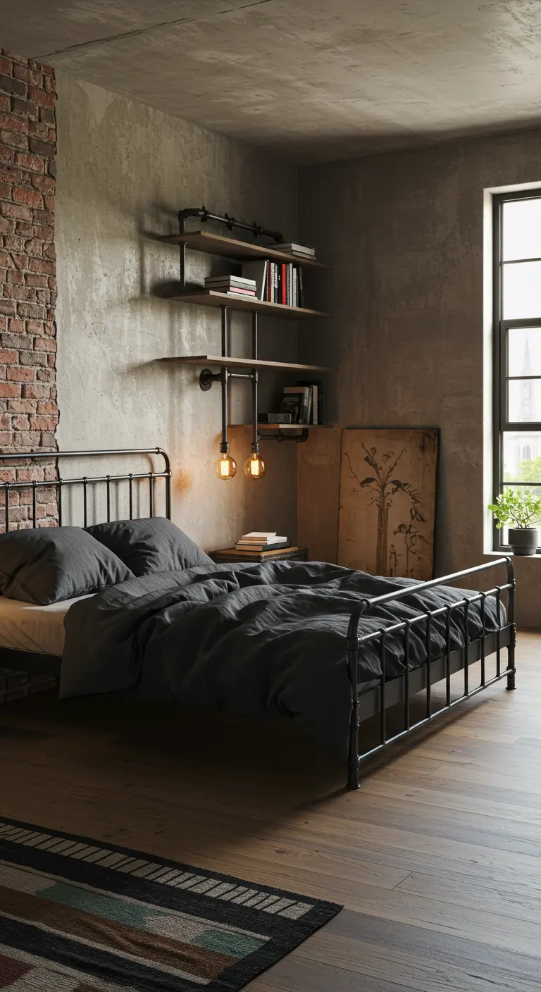 Slaapkamer met bakstenen muur, betonlook, zwart metalen bed, donker linnen en industriële planken.